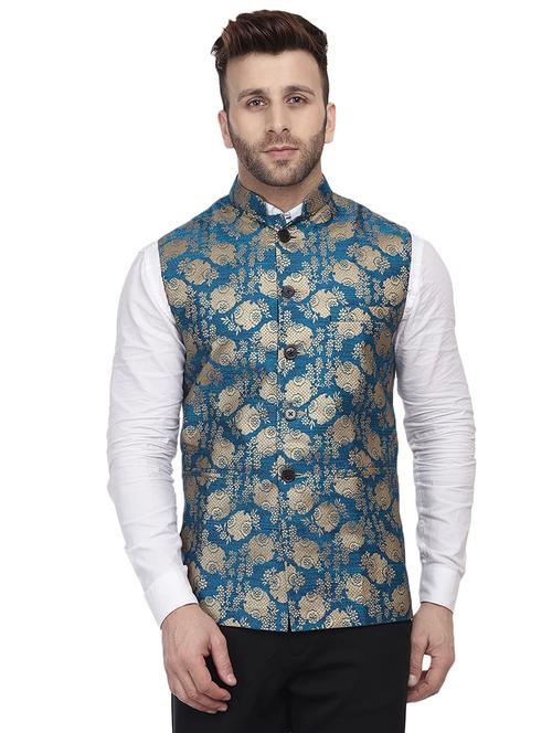 teal brocade nehru jacket - 16457186 -  Standard Image - 0