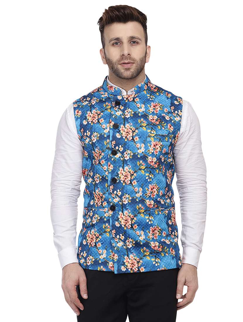 blue printed nehru jacket