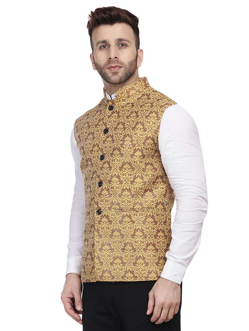 gold jacquard print nehru jacket - 16457191 - Standard Image - 1