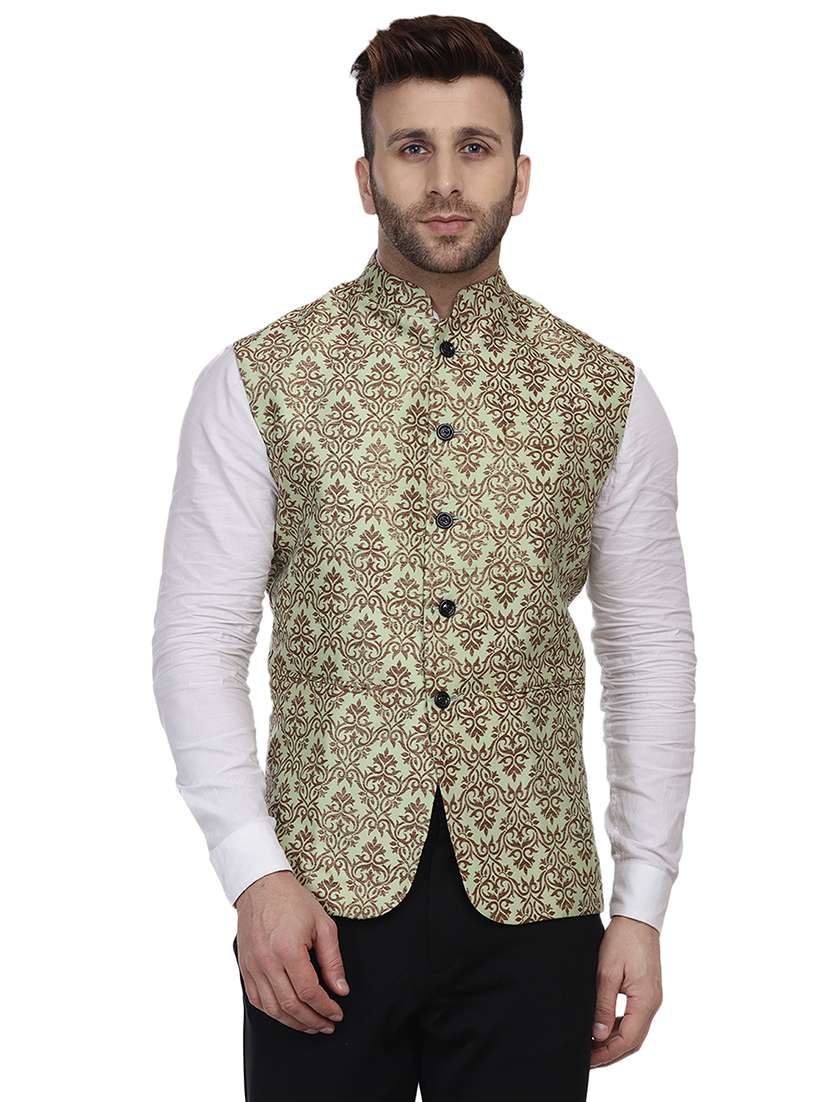 green jacquard print nehru jacket