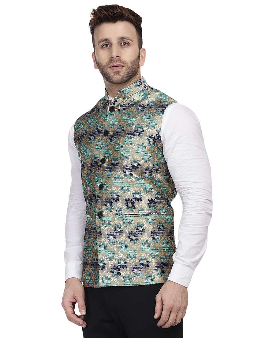 blue printed nehru jacket - 16457197 -  Standard Image - 1