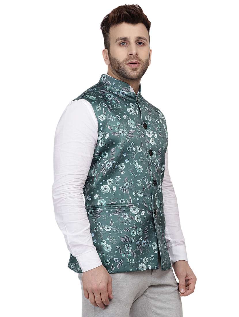 green printed silk nehru jacket - 16457203 -  Standard Image - 1