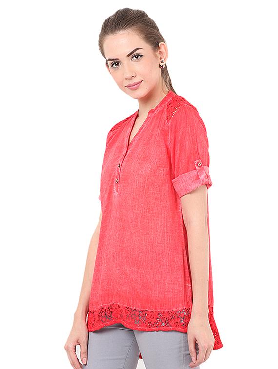 roll up sleeved floral laced high low tunic - 16468412 -  Standard Image - 1