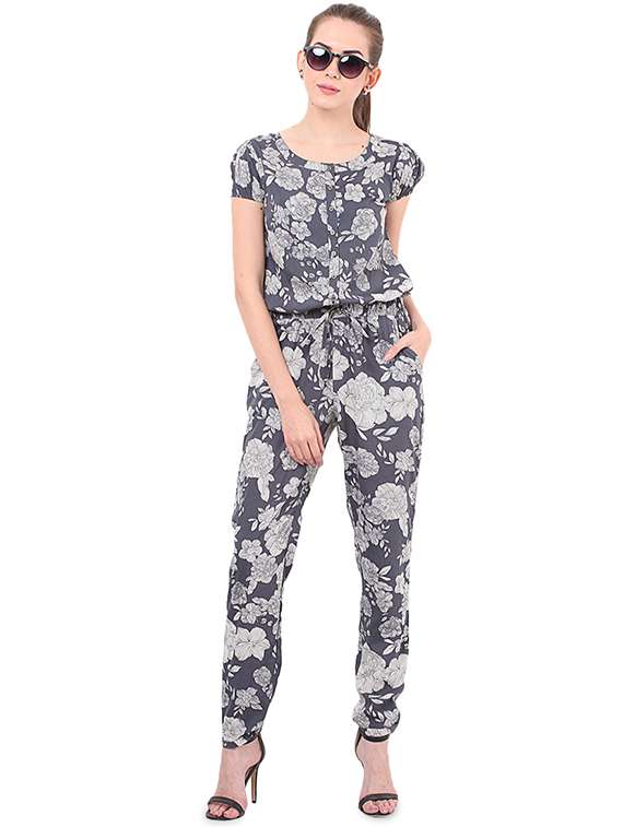 drawstring floral full leg jumpsuit
