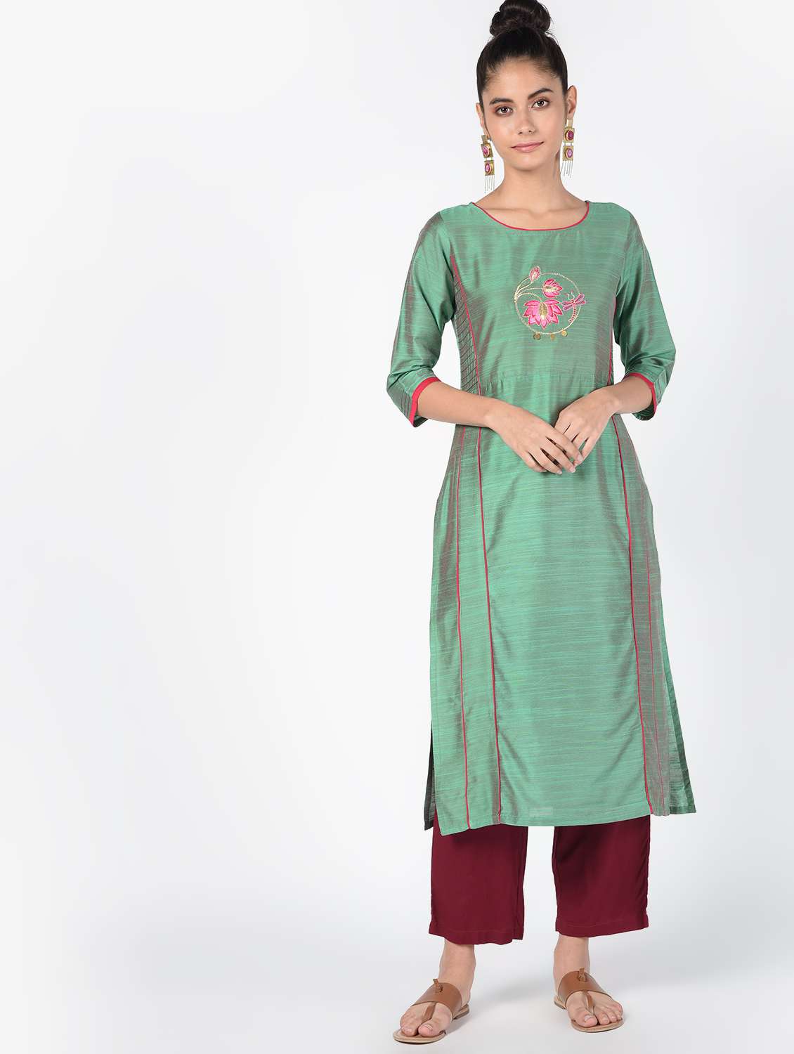 embroidered silk straight kurta
