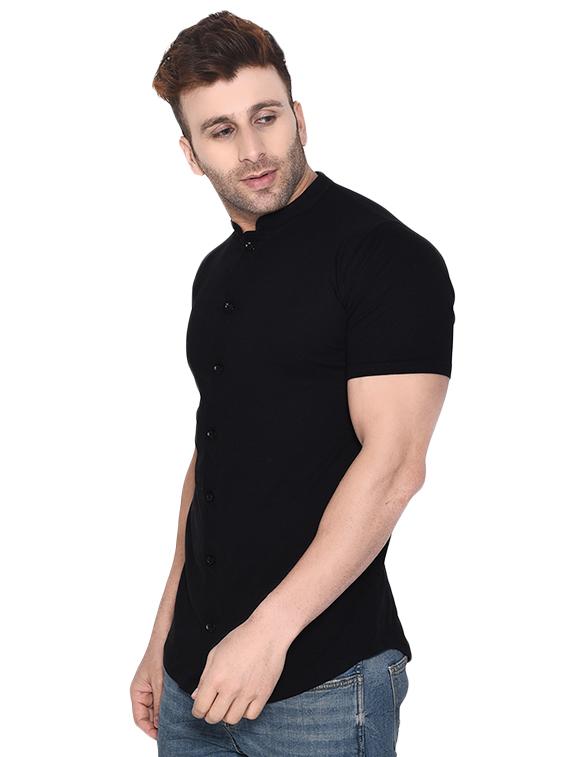 men black slim fit mandarin neck casual shirt - 16483439 - Standard Image - 1