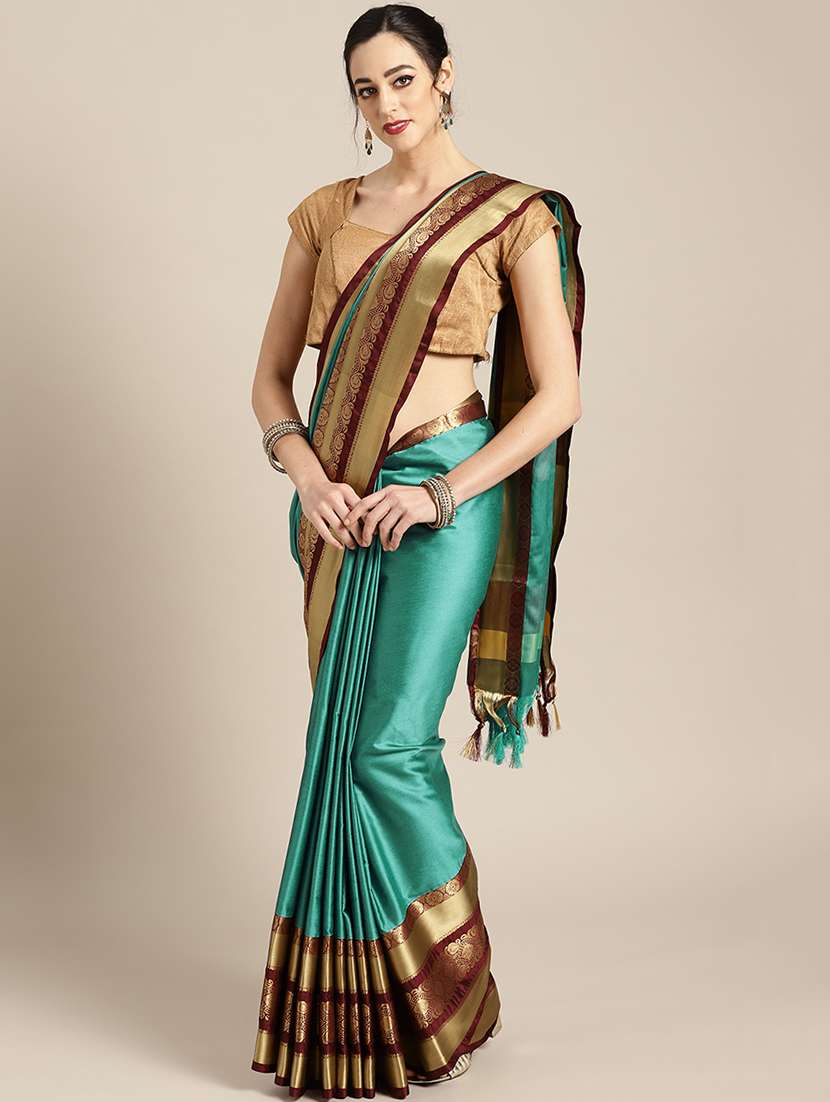 turquoise silk printed saree with blouse