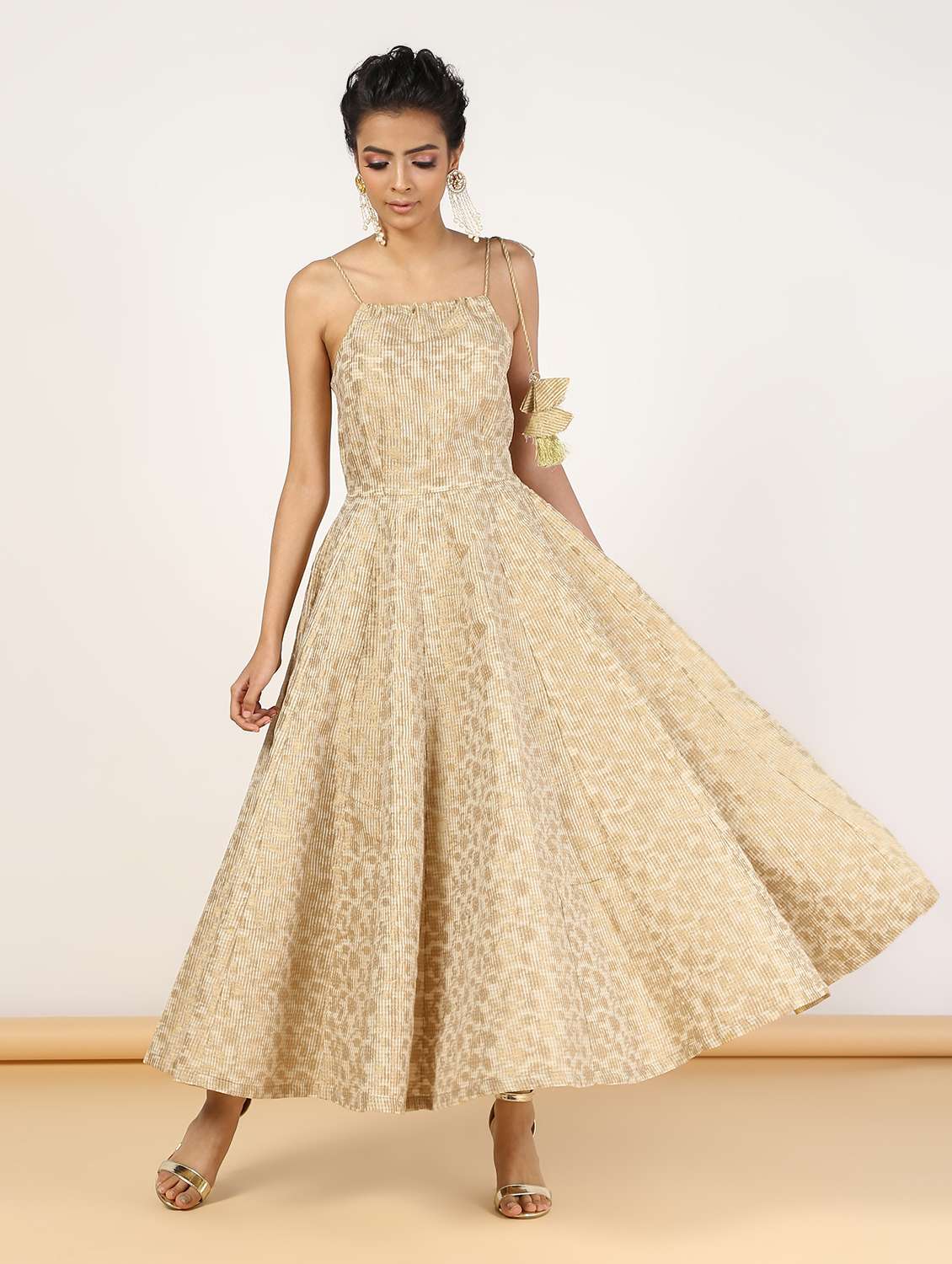 gold chanderi fit & flare ethnic dress