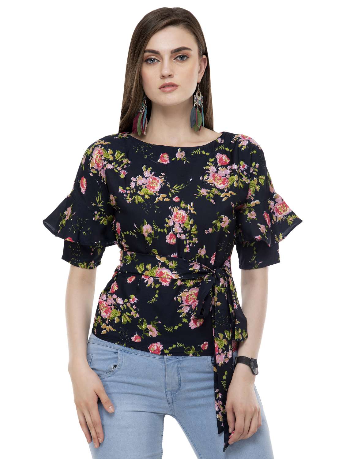 bell sleeved tie knot floral top