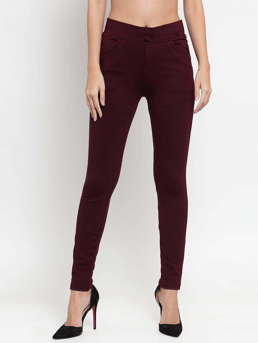 burgundy solid high rise trousers - 16487996 -  Zoom Image - 0