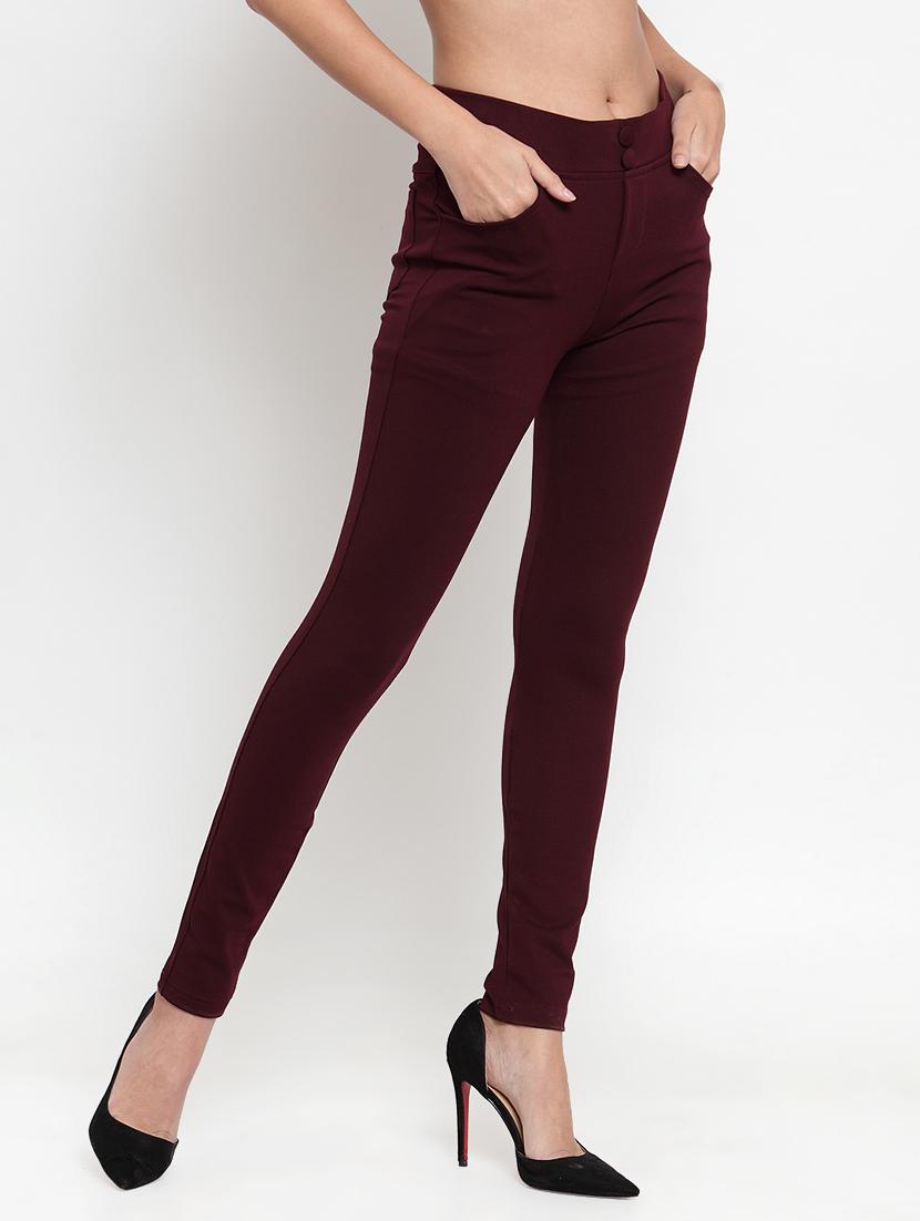 burgundy solid high rise trousers - 16487996 -  Standard Image - 1