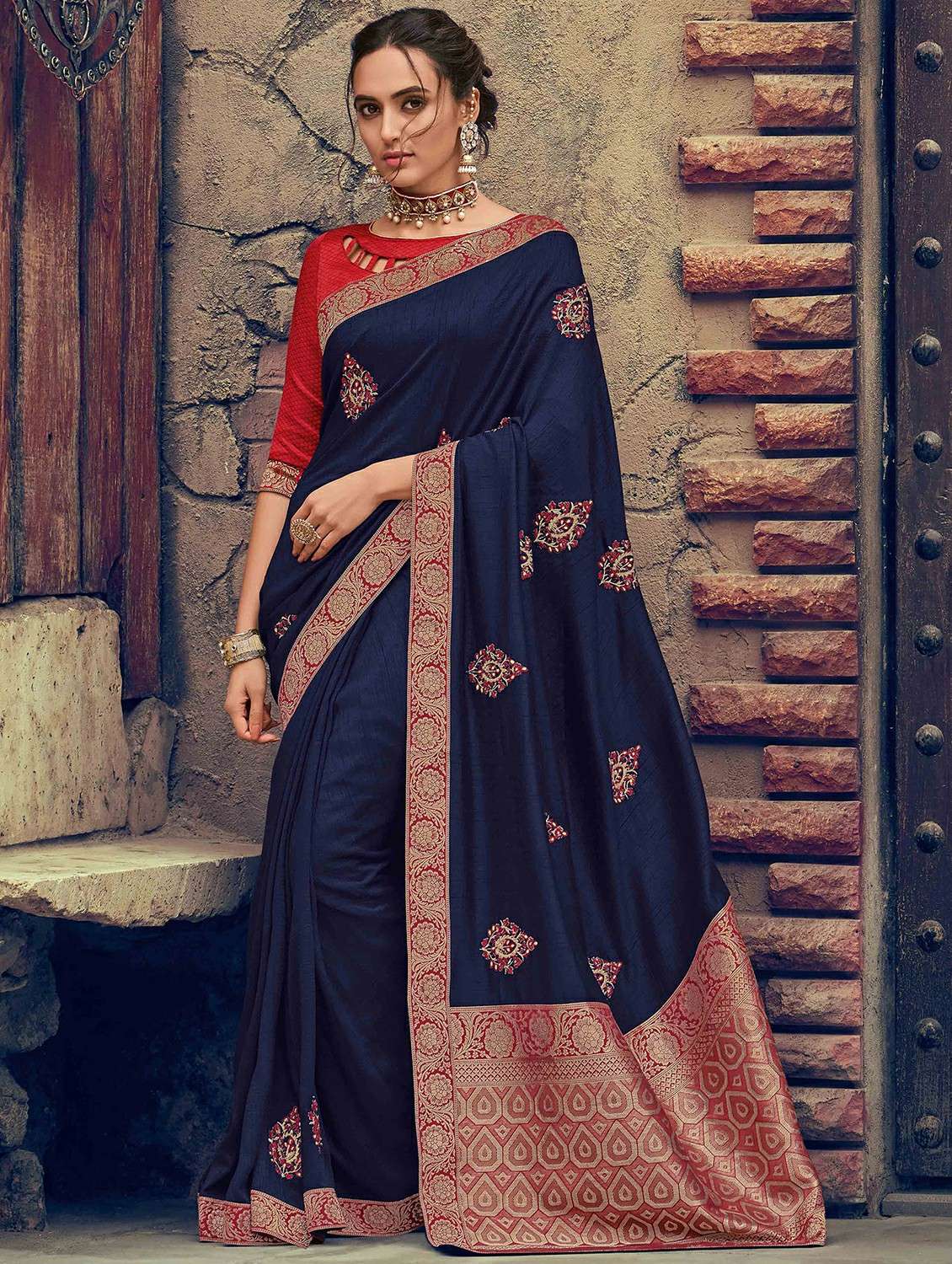 zari border embroidered saree with blouse
