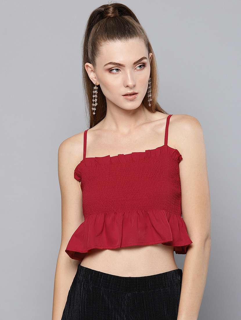 smocked detail solid crop top 