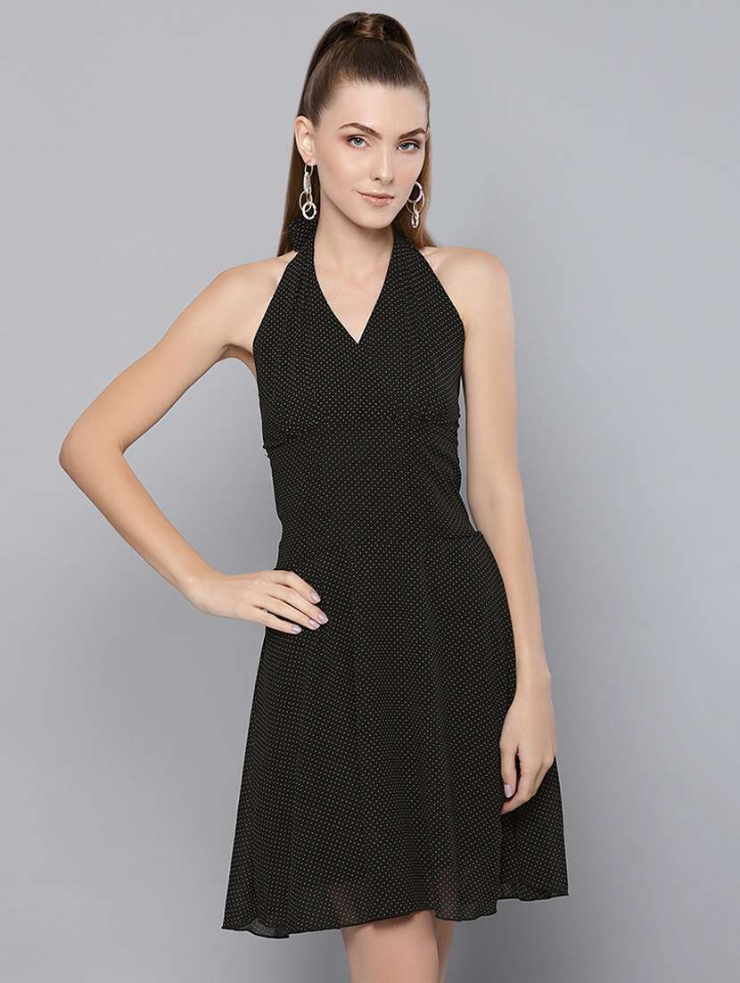halterneck pin dot fit & flare dress
