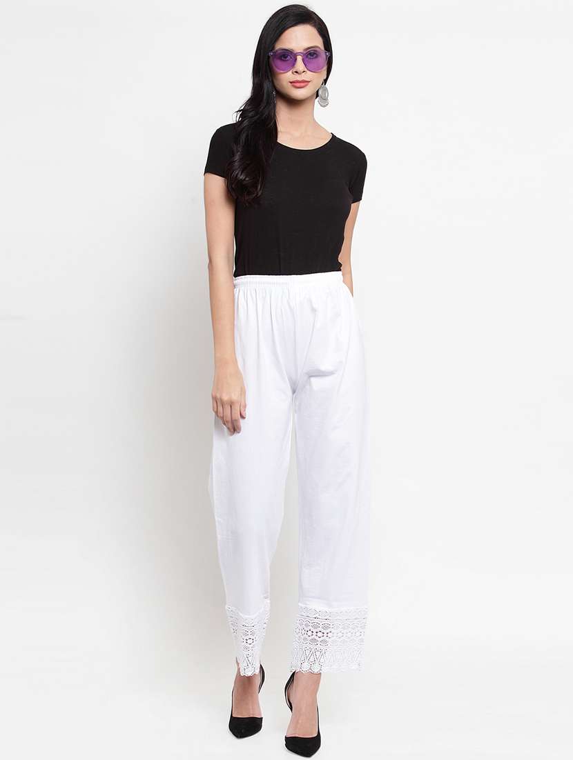White High Rise Laced Hem Trouser 