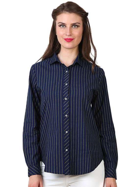 long sleeved curved hem striped shirt