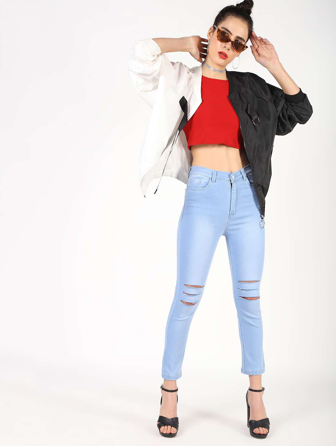 high rise knee slit jeans 