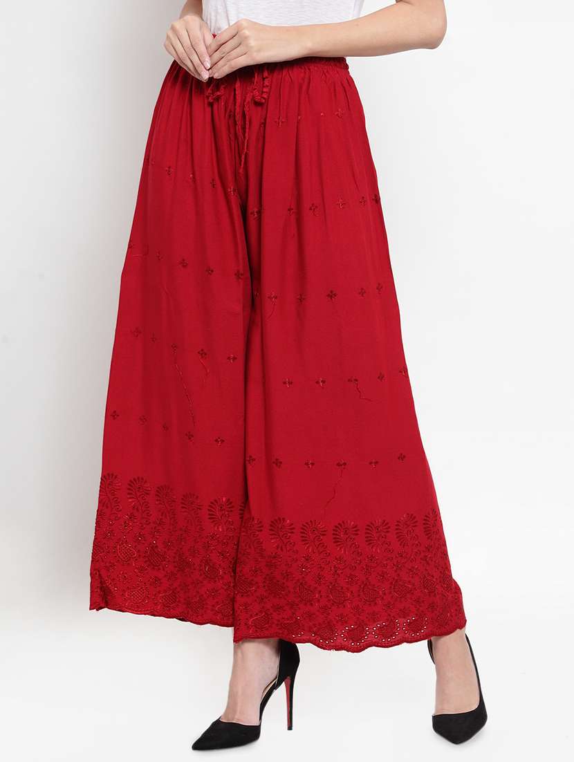 women maroon embroidered flared palazzo 