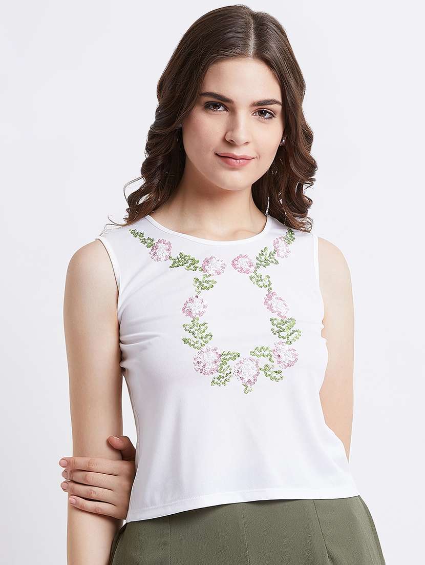 women's white round neck top
