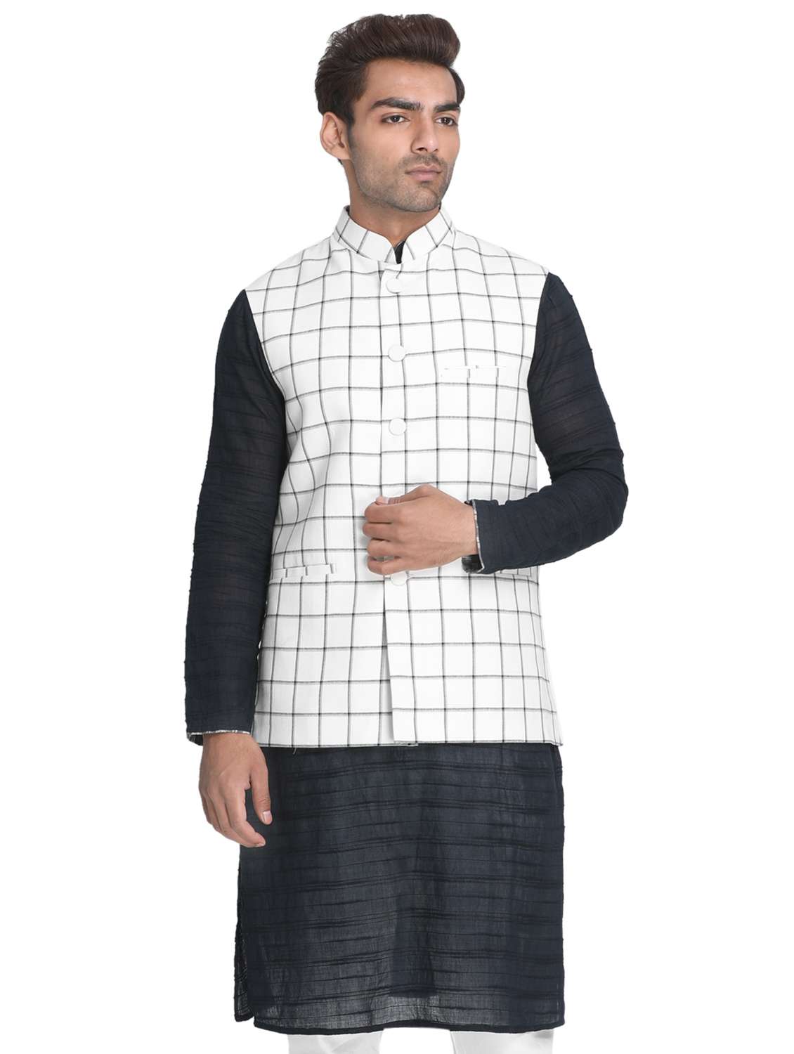 white checkered nehru jacket