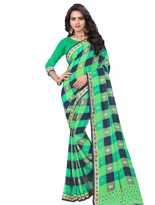 women's checks turquoise colored saree with blouse - 16502329 -  Standard Image - 0