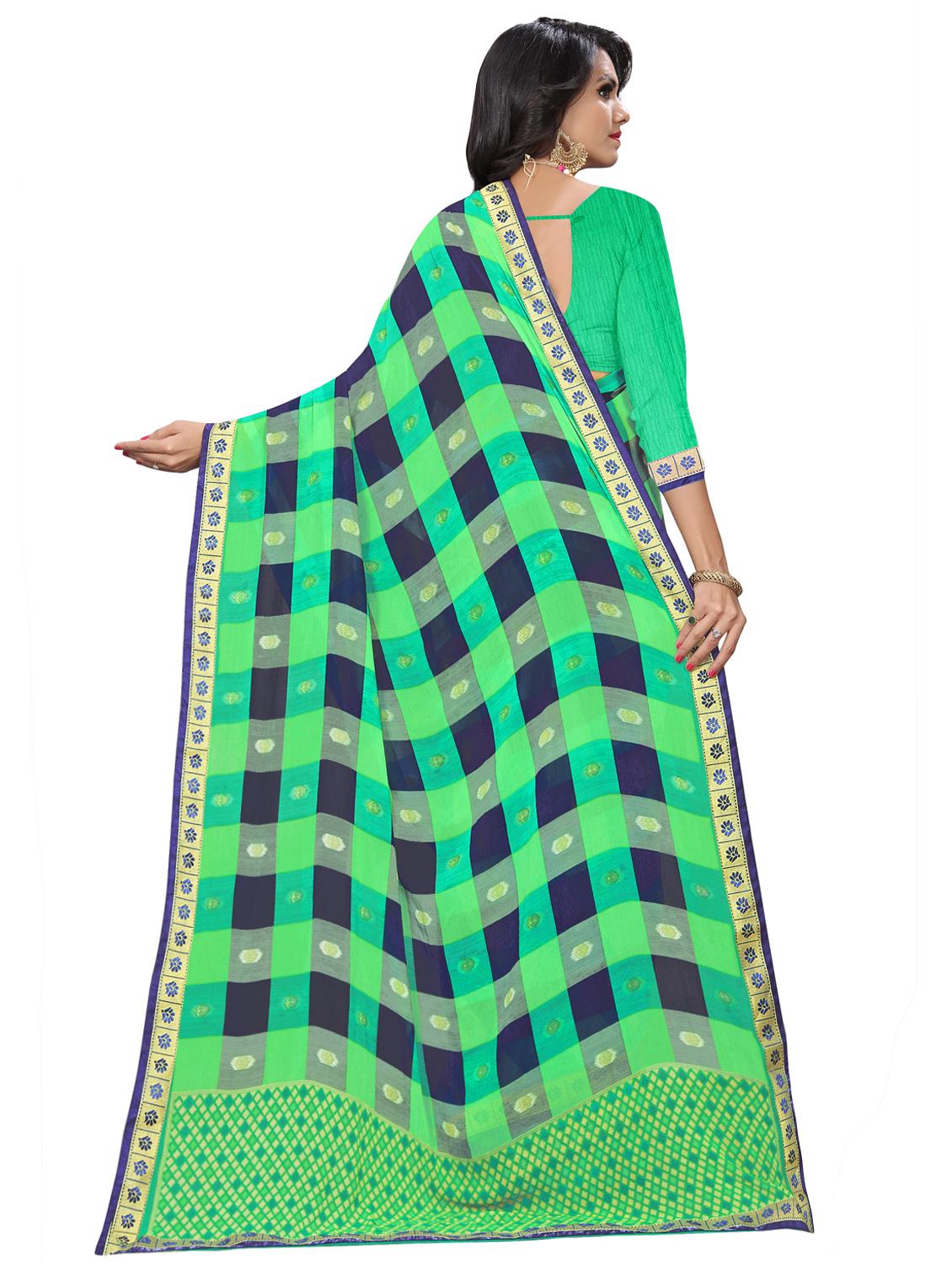 women's checks turquoise colored saree with blouse - 16502329 - Standard Image - 1