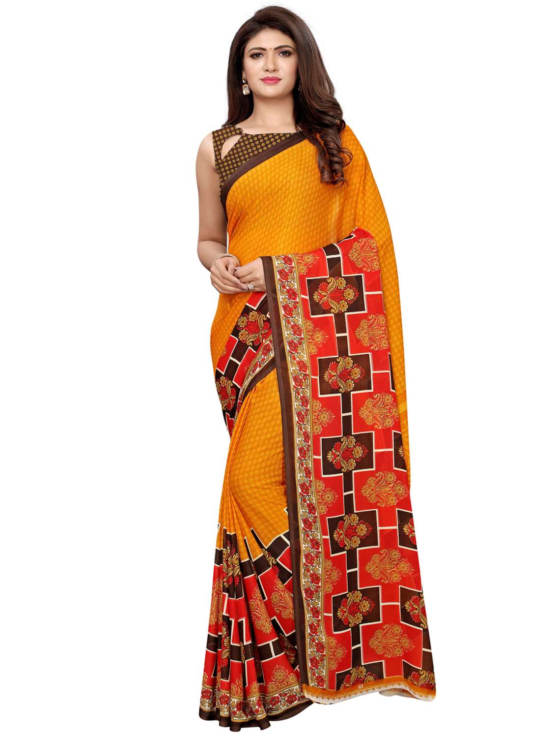 checkered printed saree with blouse