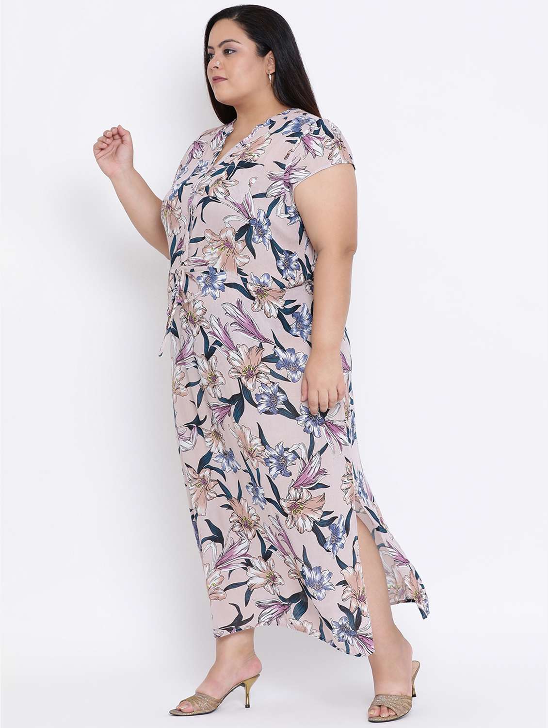 mandarin neck drawstring high slit plus dress - 16506764 -  Standard Image - 1