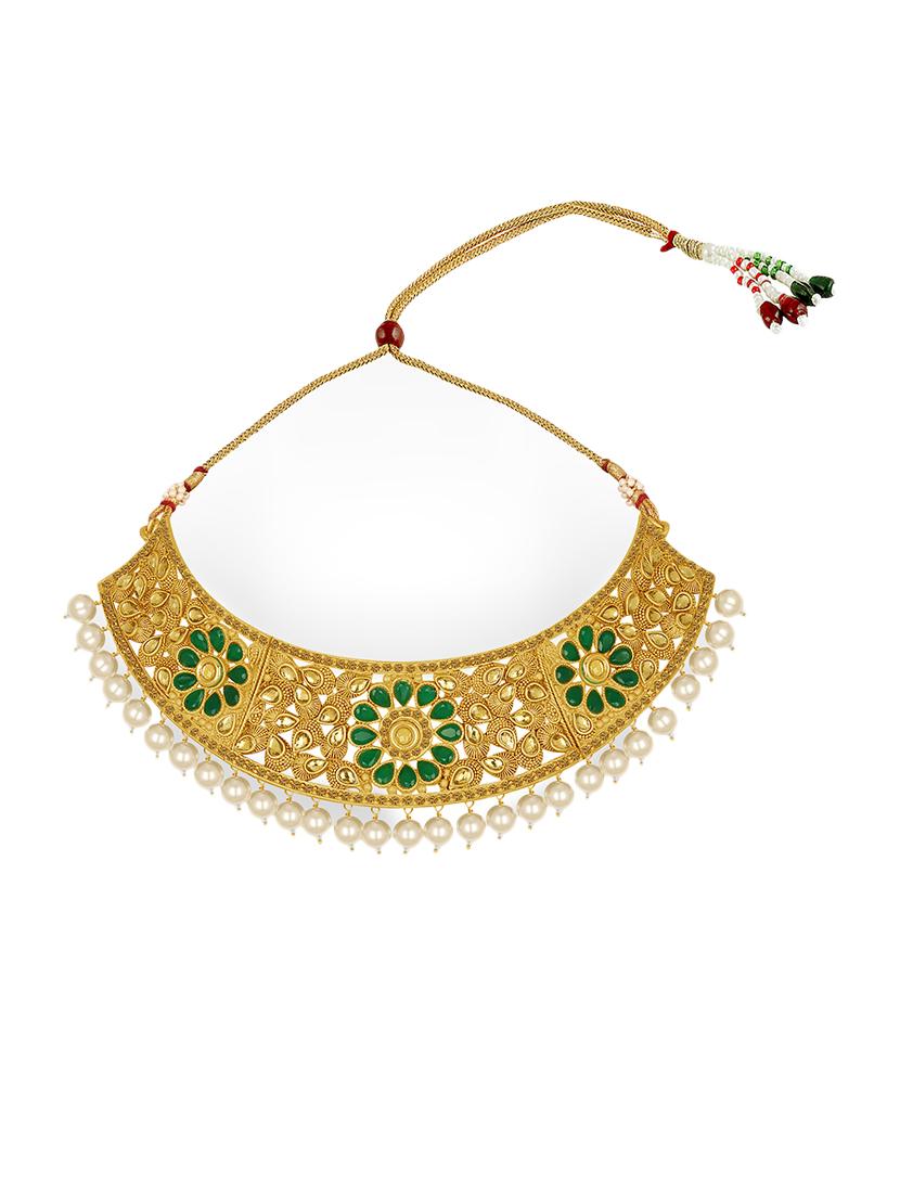 green metal necklace earring and maang tikka set - 16515828 - Standard Image - 1