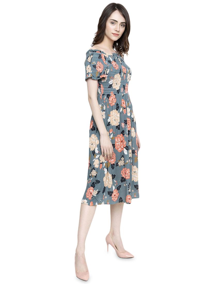 off shoulder smocked flared dress - 16516147 - Standard Image - 1