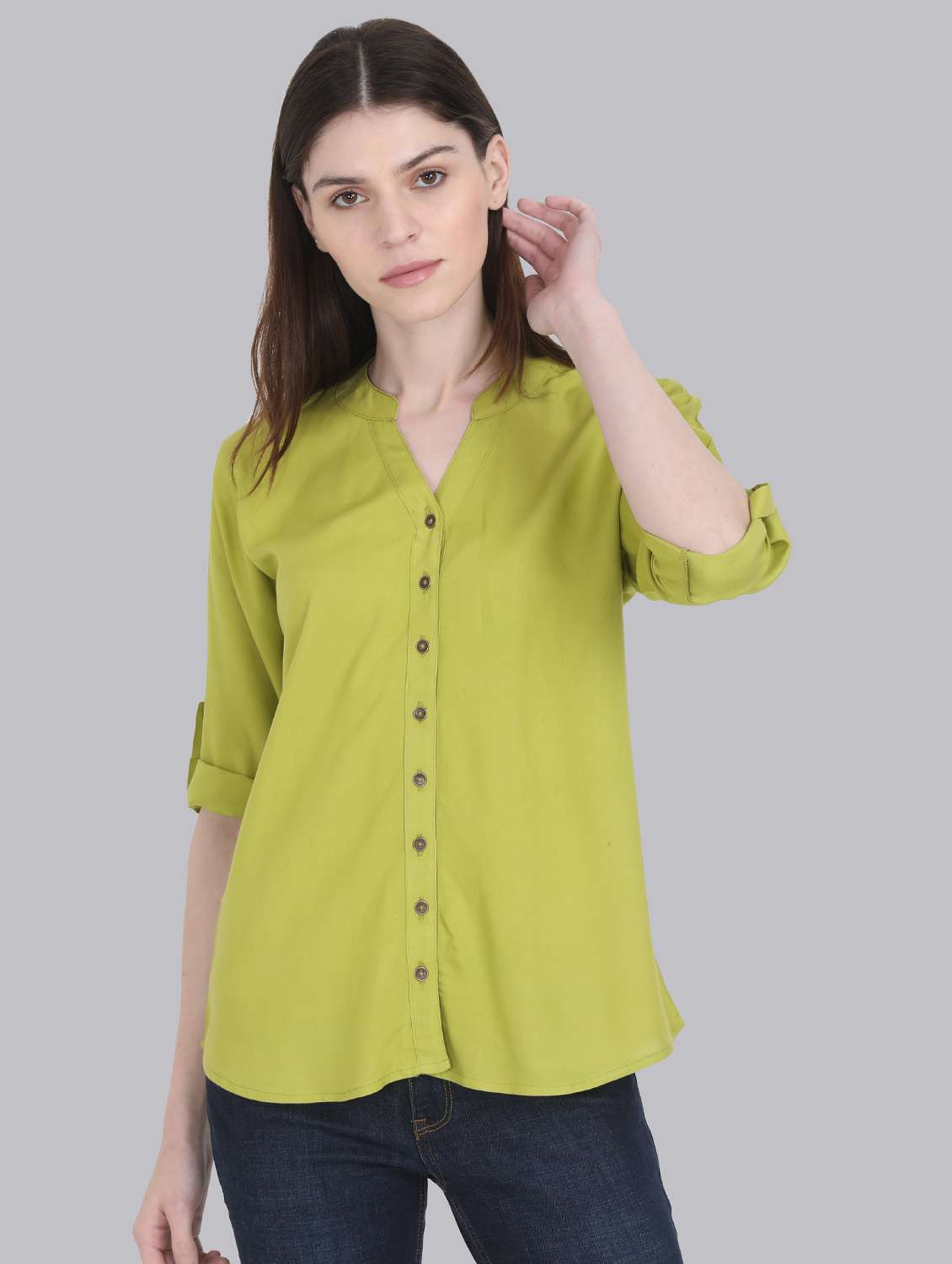 roll up sleeved mandarin neck shirt