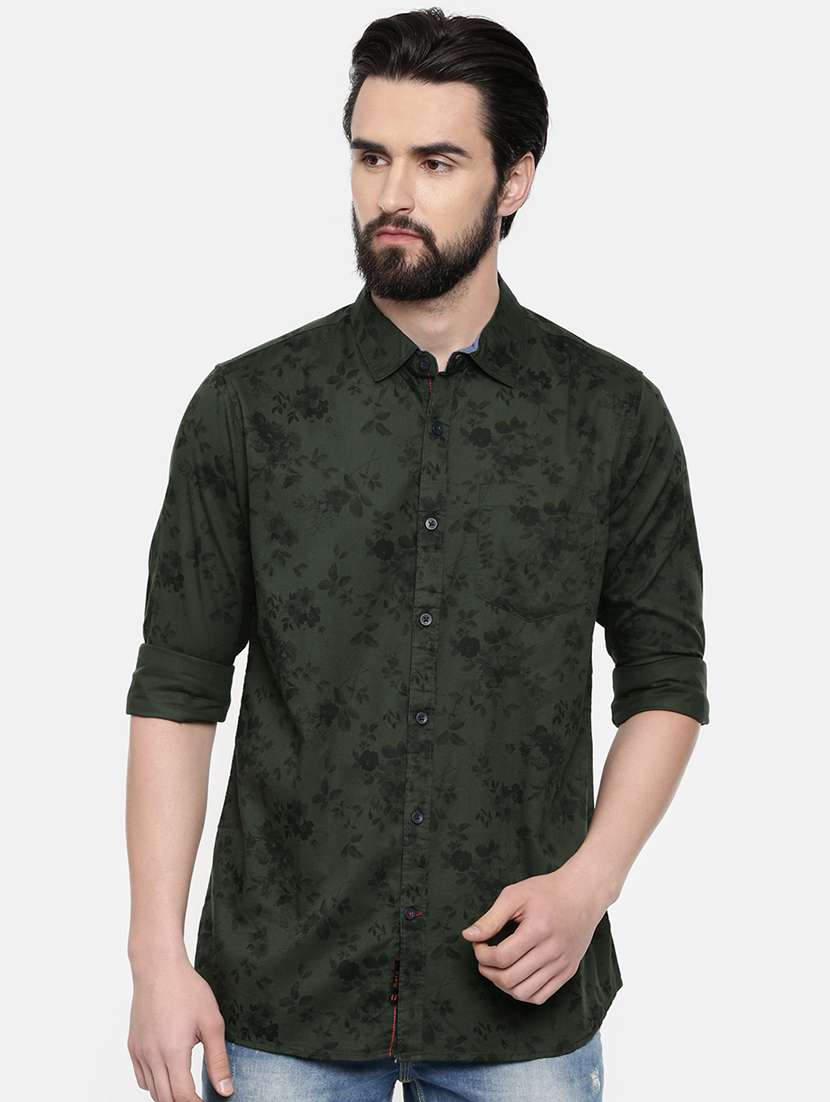 men olive printed regular fit long sleeves casual shirt