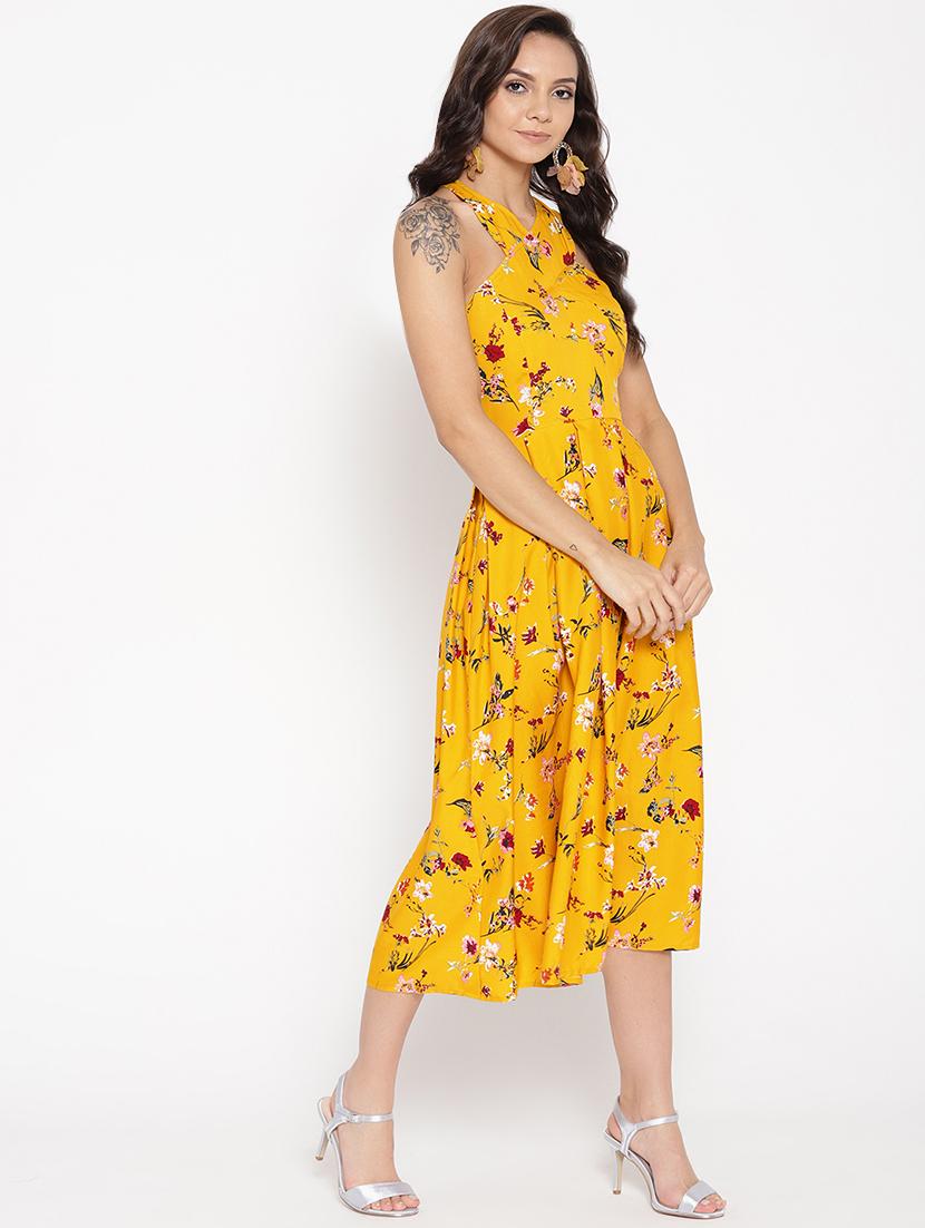 halter neck criss cross back floral a-line dress - 16524156 - Standard Image - 1
