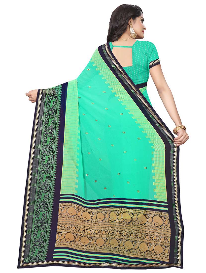 women's printed turquoise colored saree with blouse - 16524382 -  Standard Image - 1
