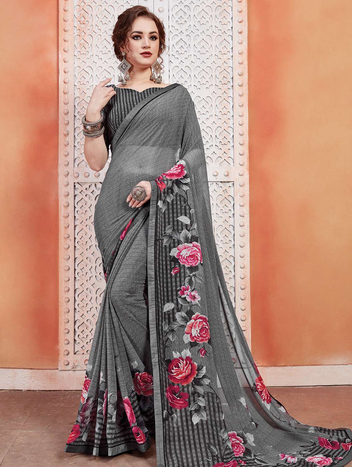 floral printed saree with blouse