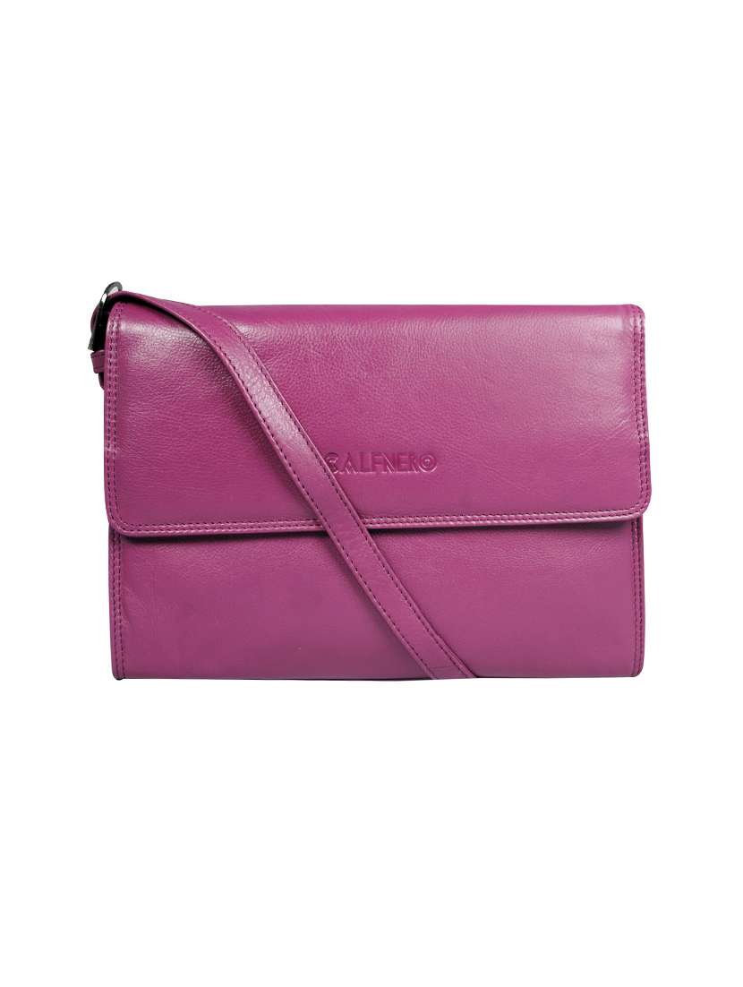 purple leather sling bag
