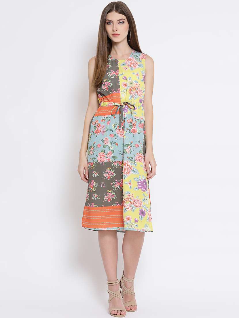 drawstring waist floral a-line dress