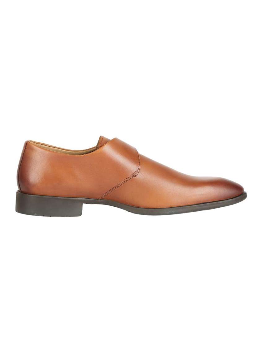 Buy online Peter England Brown Leather Slip On Monk Straps from