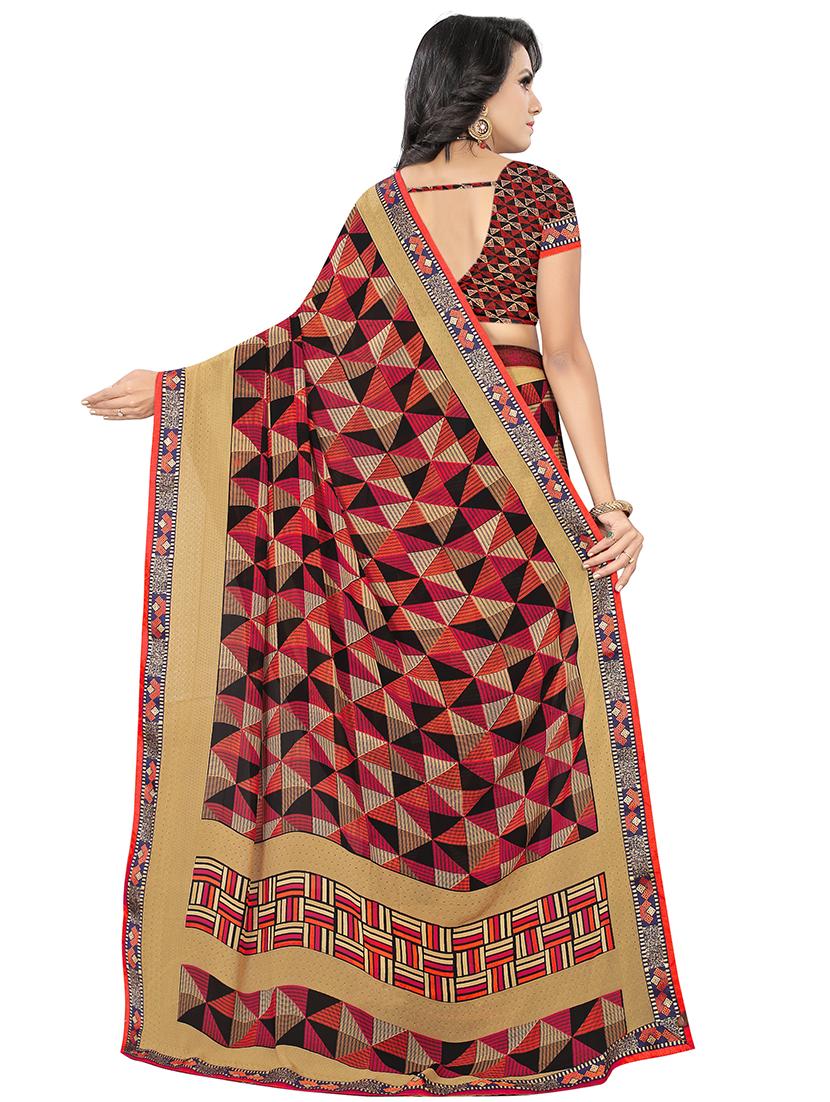 women's geometric maroon colored saree with blouse - 16534611 - Standard Image - 1