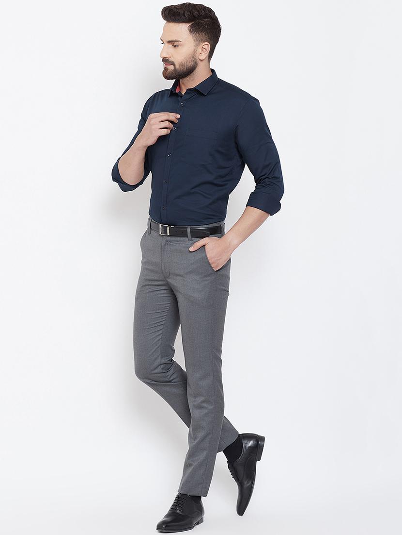 grey solid flat front formal trouser - 16539712 - Standard Image - 4