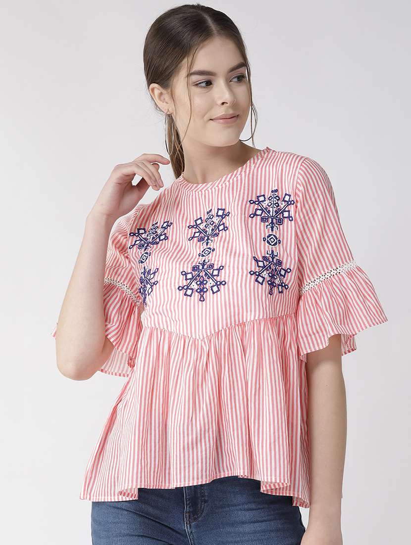 embroidered detail striped top 