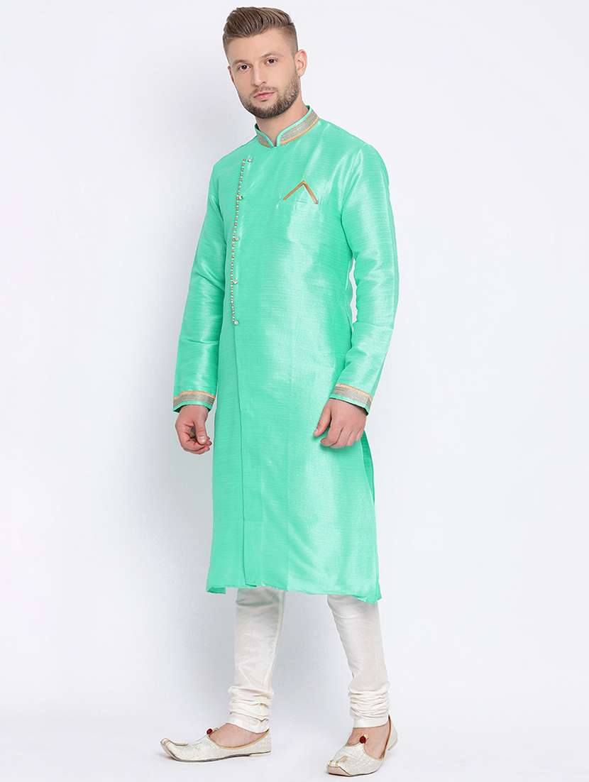 green silk blend solid long kurta - 16545842 -  Standard Image - 1