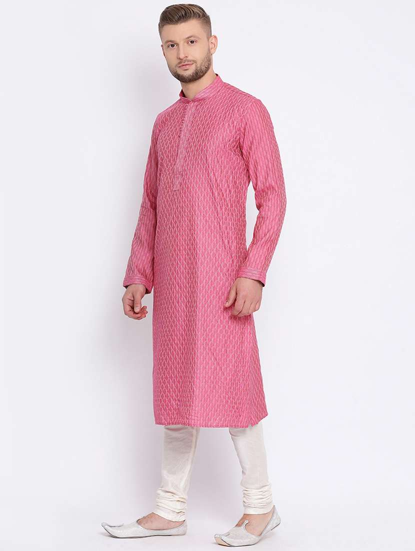 pink pure silk jacquard long kurta - 16545855 -  Standard Image - 1