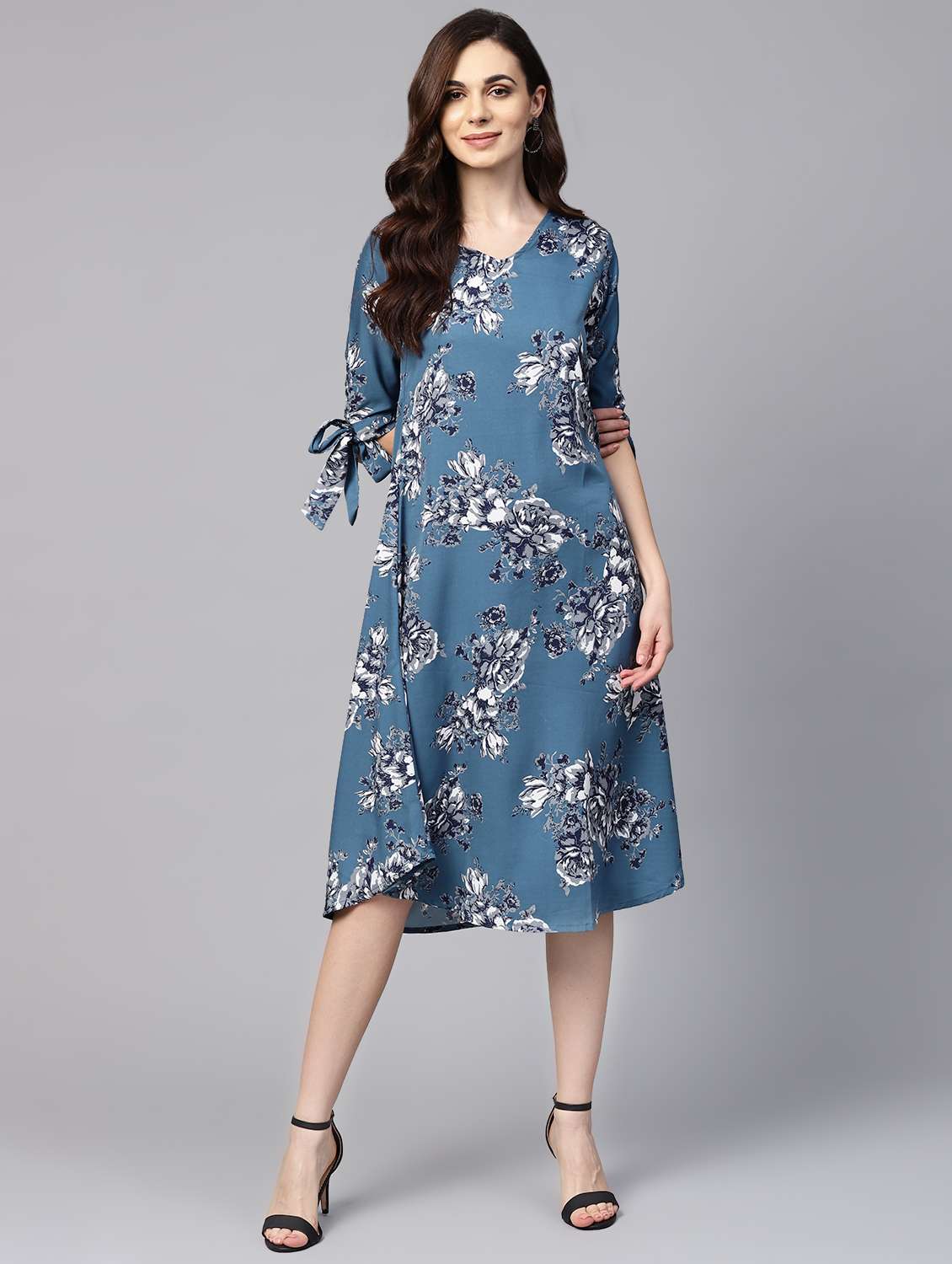 tie up sleeved floral a-line dress