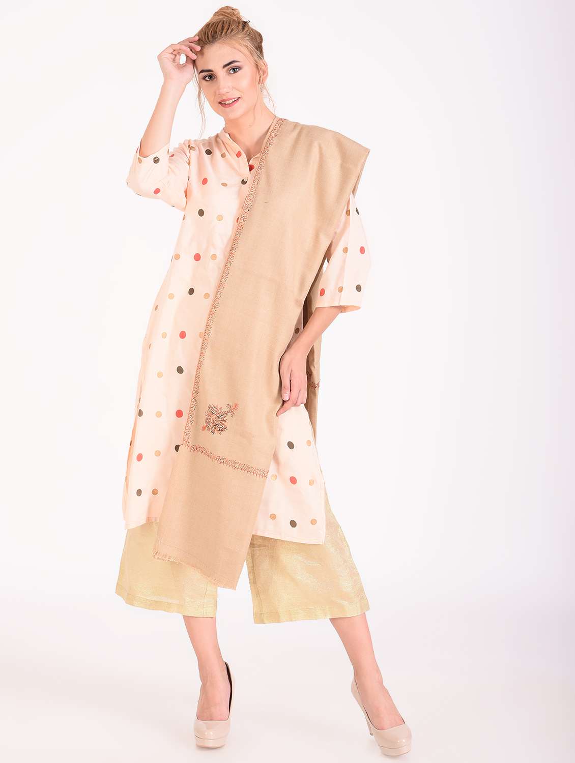 embroidered beige wool others shawl - 16546994 - Standard Image - 1