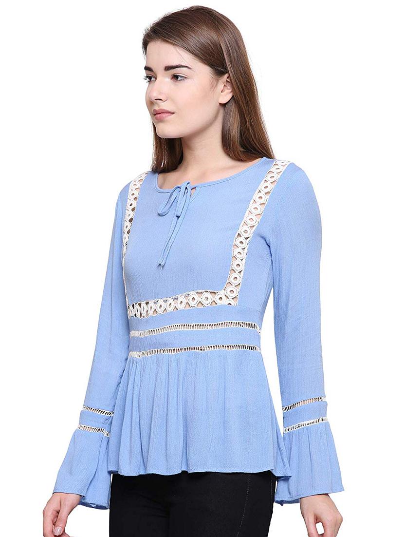 tie up contrast lace gathered top - 16553504 - Standard Image - 1
