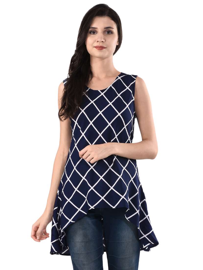 round neck checkered high-low tunic
