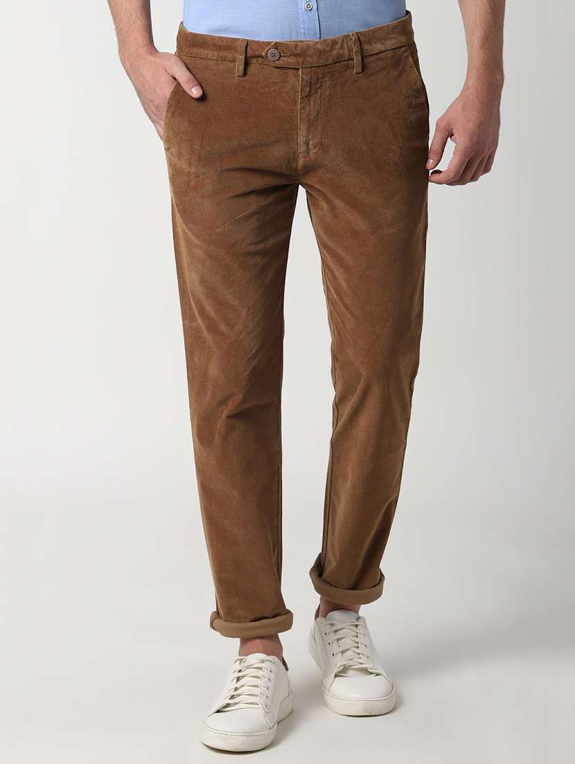 brown solid corduroy casual trouser