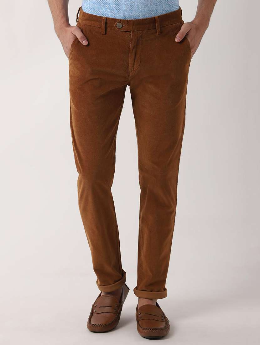 brown solid corduroy casual trouser 