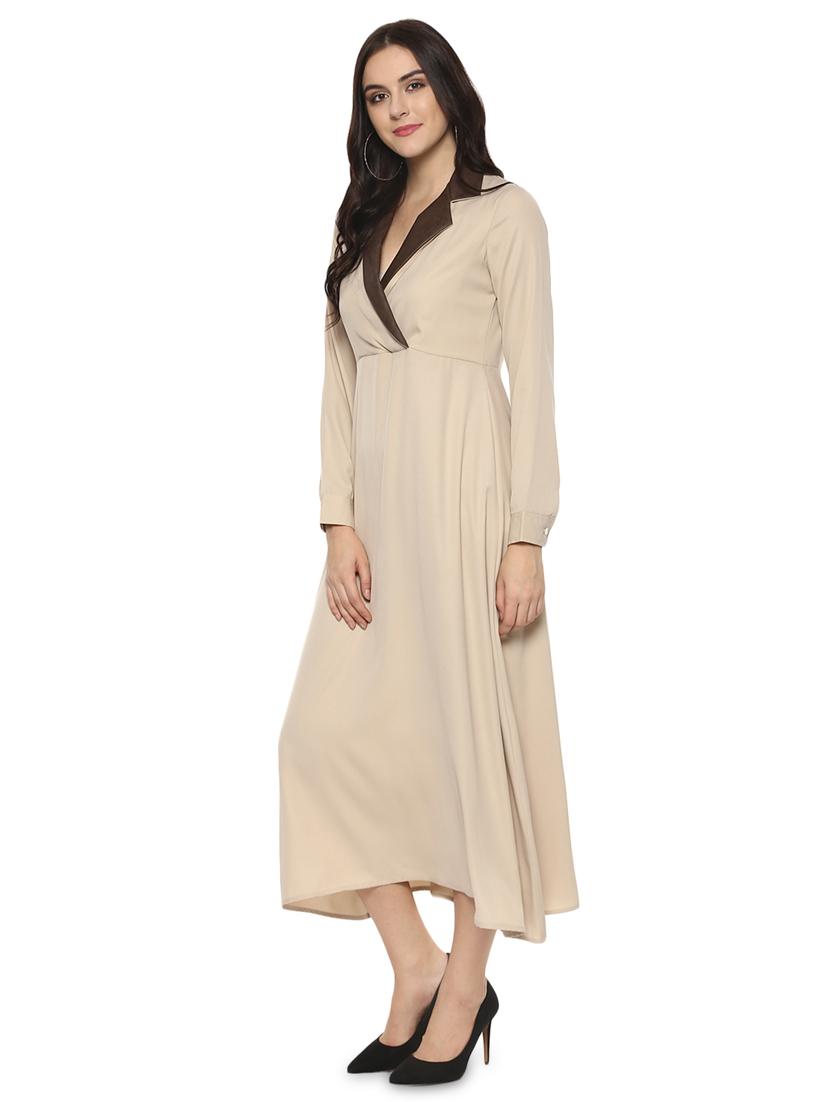 lapel neck flared maxi dress - 16558123 - Standard Image - 1